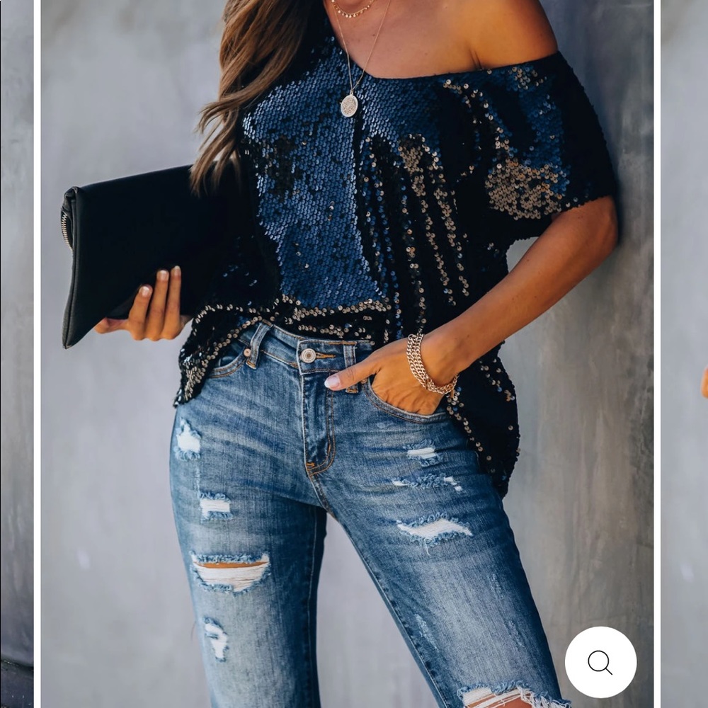GIRLS NIGHT OUT SEQUIN TOP - BLACK -
